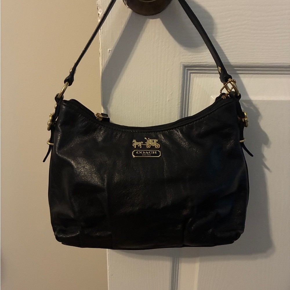 Coach Black Leather Shoulder Bag with Metallic Accents